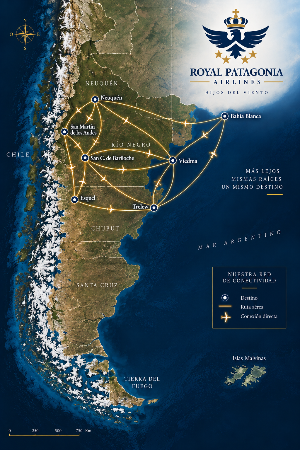 Mapa de la red proyectada de Royal Patagonia Airlines